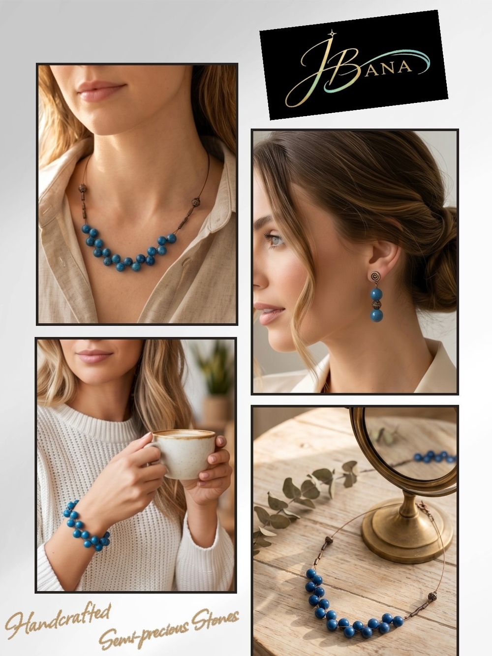 Blue Bead Necklace, Bracelet, Earrings Set — Handcrafted Semi-Precious Statement